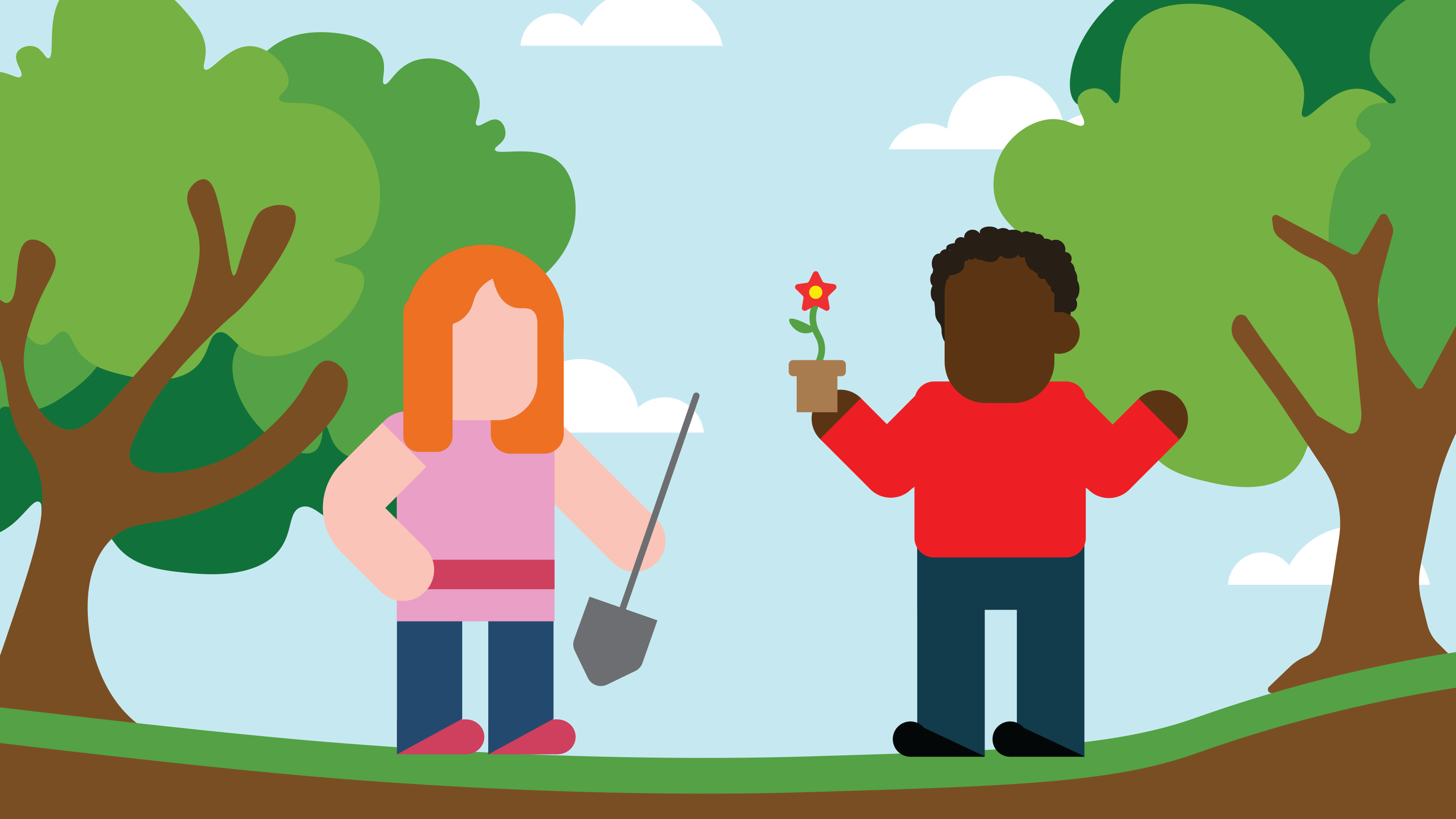 Two people gardening planting trees and flowers in a garden for sustainability
