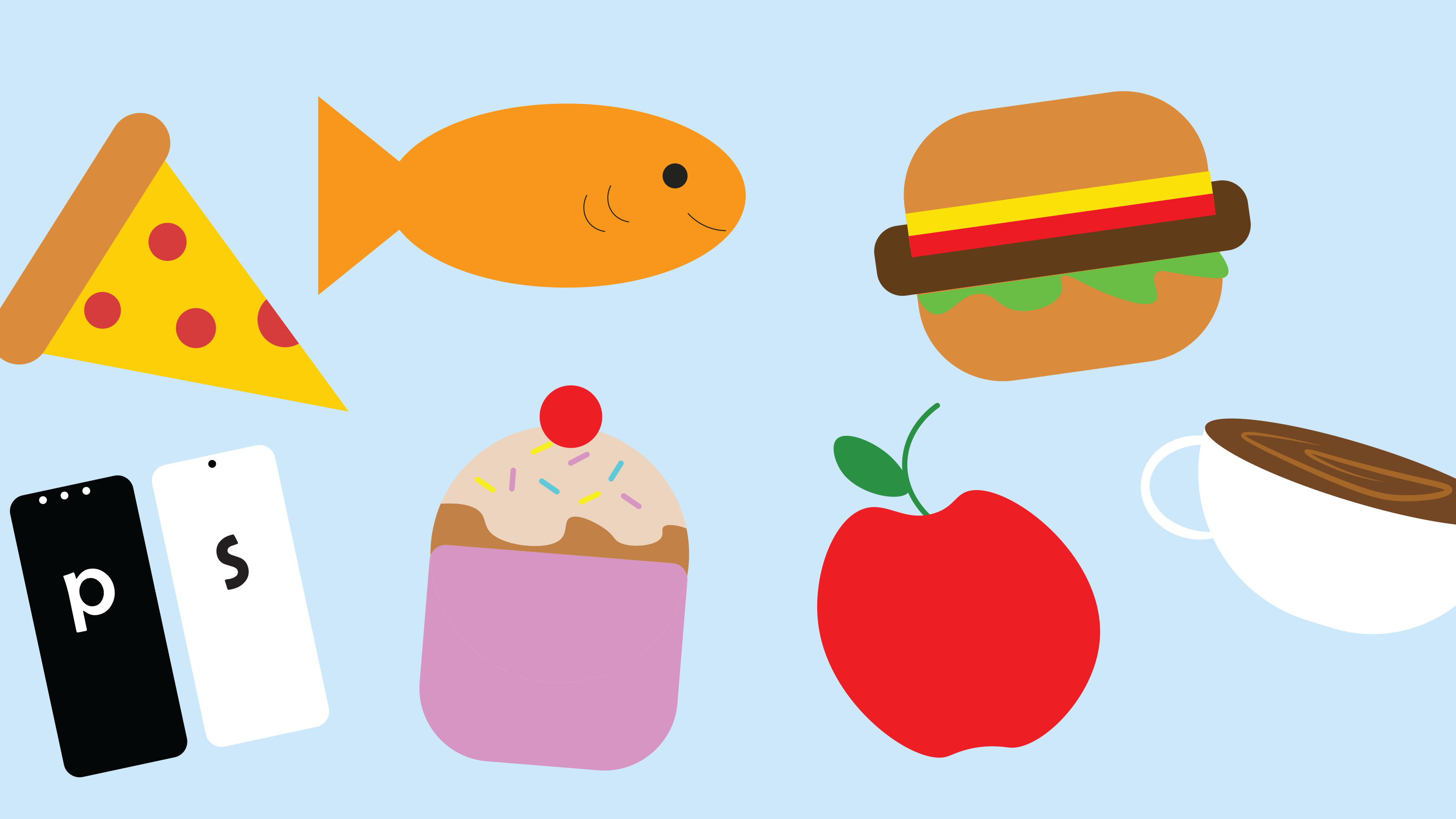 Range of food; fish, pizza, coffee, apple, cupcake, coffee, salt and pepper.